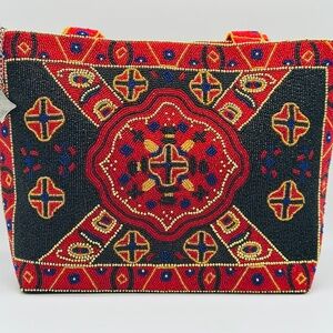 Vintage Women's Large Red Beaded Handbag Tote Multicolored
